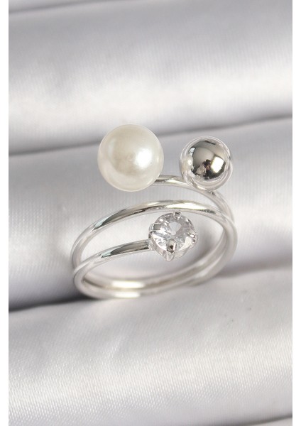 Pirinç Gümüş Renk Zirkon Taşlı Toplu Inci Kadın Yüzük