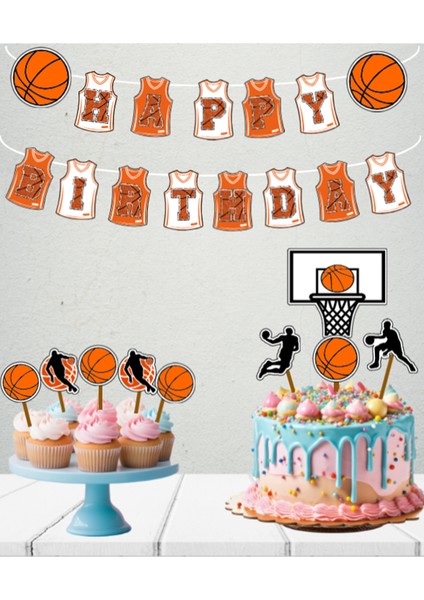34 Parça Basketbol Konsept Sporcu Basket Dev Set Doğum Günü Süsü Banner Pasta Kürdanı Cupcake Kürda