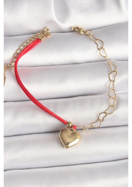 316L Çelik Renk Zincir Kırmızı Ip Sallantı Kalp Figür Işleme Detaylı Kadın Bileklik