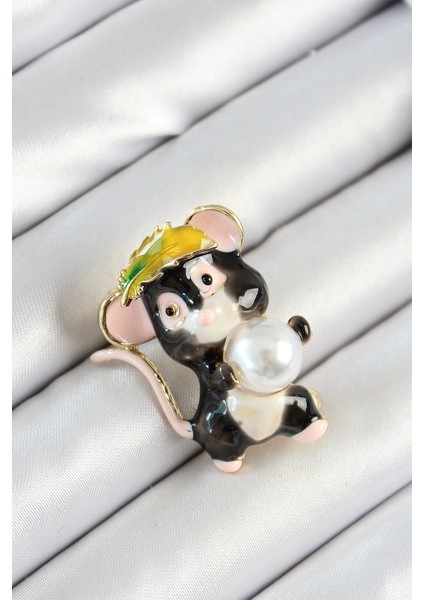 Inci Detaylı Siyah ve Pembe 3D Sevimli Fare Figürlü Renk Kadın Broş