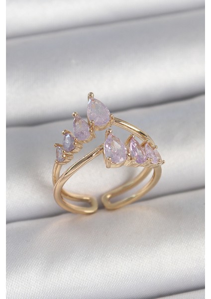 Pirinç Renk Mor Damla Zirkon Taşlı Taç Kadın Yüzük
