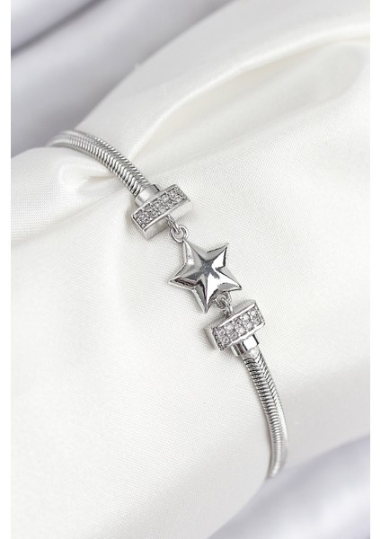 Pirinç Zirkon Taşlı Yonca Gümüş Renk Kadın Bileklik