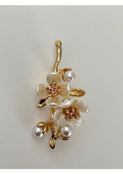 Inci ve Pembe Taş Detaylı Beyaz Sedef Yansımalı Çiçekli Gold Broş