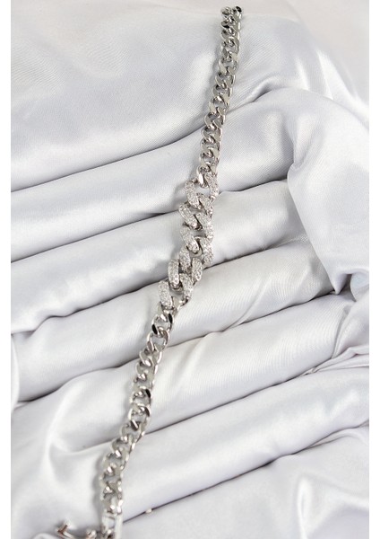 Pirinç Zirkon Taşlı Küba Zincir Gümüş Renk Kadın Bileklik fiyatları