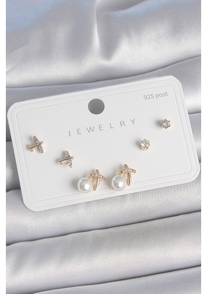 Pirinç Renk Zirkon Taşlı Inci Detay 925 Ayar Gümüş Çivi Kadın Küpe Seti