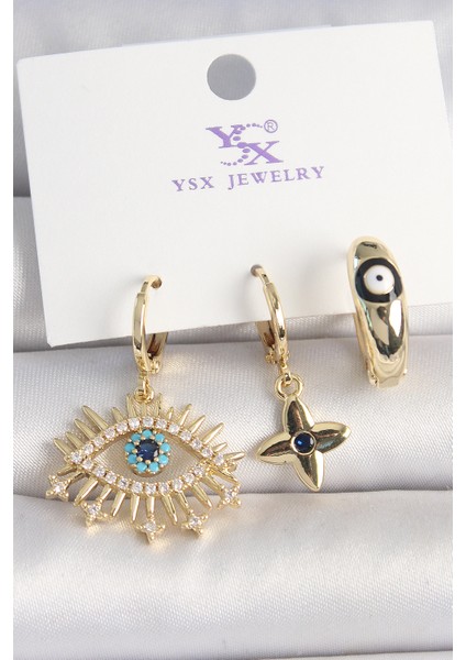 Pirinç Renk Zirkon Taşlı Göz Figür Nazar Boncuk Detay 3'lü Kadın Kombin Küpe