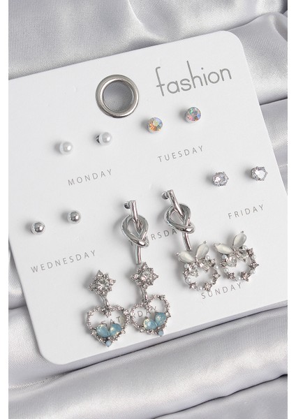 Pirinç Gümüş Renk Sallantı Zirkon Taşlı Kalp Düğüm Detay 7 Çift Kadın Küpe Seti