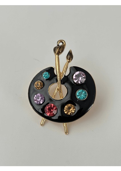 Siyah Renkli Rengarenk Taşlı Resim Paleti Figürlü Gold Broş