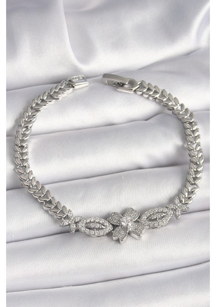 Pirinç Gümüş Renk Zirkon Taşlı Çiçek Figür Arpa Zincir Kadın Bileklik