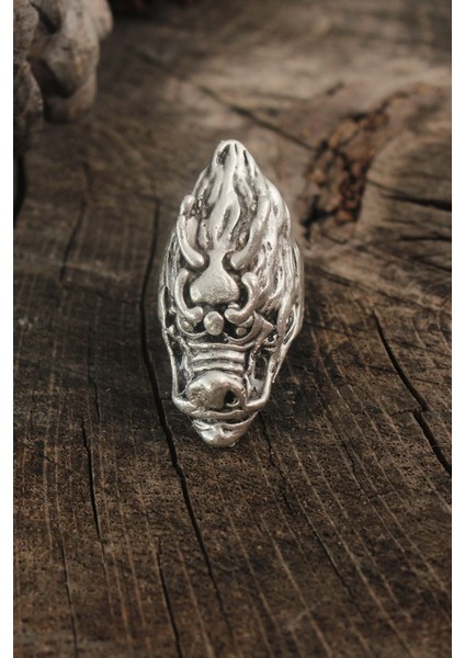 Antik Gümüş Renk Ejderha Kafası Ayarlanabilir Erkek Yüzük