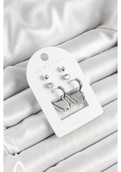 Pirinç Zirkon Taş ve Kalp Figürlü Gümüş Renk 3'lü Çift Kadın Küpe Set