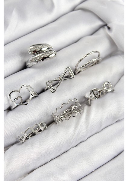 Pirinç Zirkon Taşlı Fiyonk ve Kalp Gümüş Renk Kadın Yüzük Kombin Set