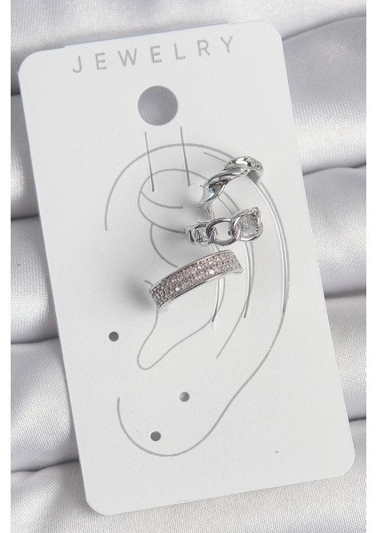 Pirinç Gümüş Renk Zirkon Taşlı 3'lü Zincir Sarmal Kadın Kıkırdak Küpe fiyatları