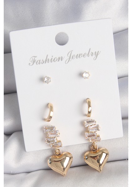 Pirinç Renk Zirkon Taşlı Sallantılı Kalp Yarım Halka Detay 3 Çift Kadın Küpe Seti