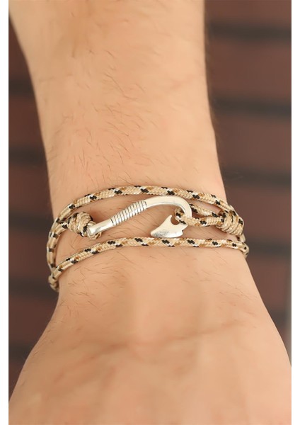Krem Renk Çizgi Desenli Metal Kancalı Erkek Bileklik fiyatları