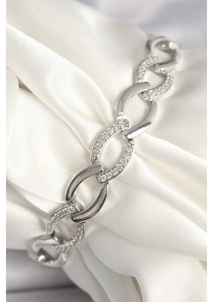 Pirinç Gümüş Renk Zirkon Taşlı Oval Zincir Kadın Bileklik