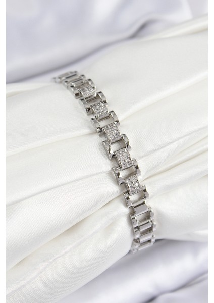 Pirinç Zirkon Taşlı Parçalı Gümüş Renk Kadın Bileklik