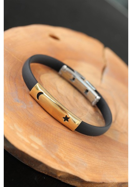 Renk Metal Ay Yıldız Tasarım Siyah Renk Silikon Erkek Bileklik