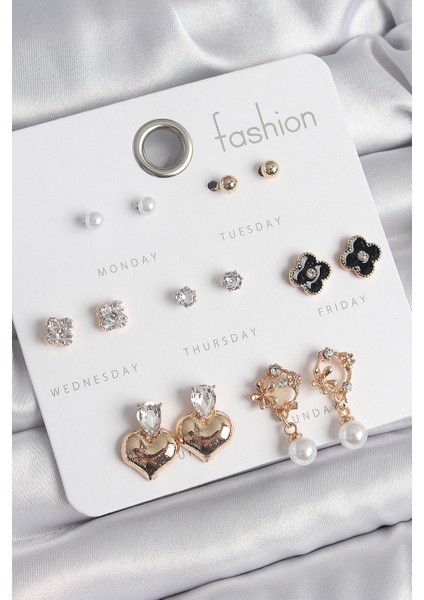 Pirinç Renk Zirkon Taşlı Kalp Figür Siyah Yonca Detay 7 Çift Kadın Küpe Seti