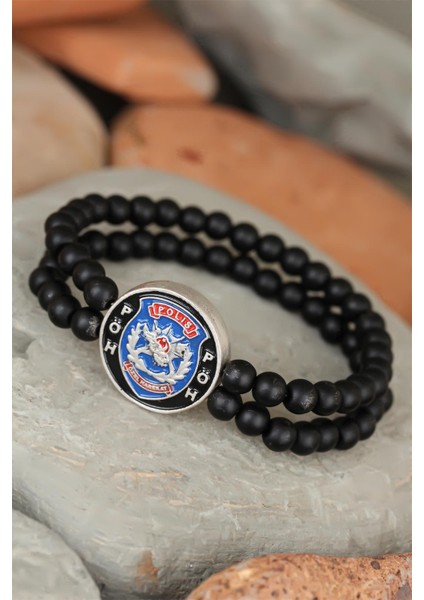 Siyah Renk Çift Sıra Oniks Doğal Taş Pöh Tasarımlı Erkek Bileklik