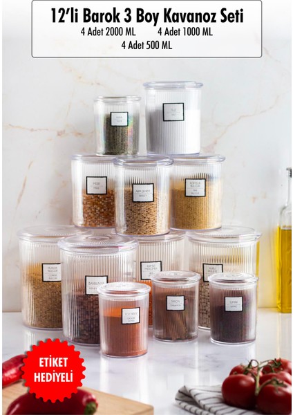 12'li Barok Yuvarlak 3 Boy Kavanoz Seti & Saklama Kabı & Erzak Kabı (4*2000 Ml, 4*1000 Ml, 4*500 ml