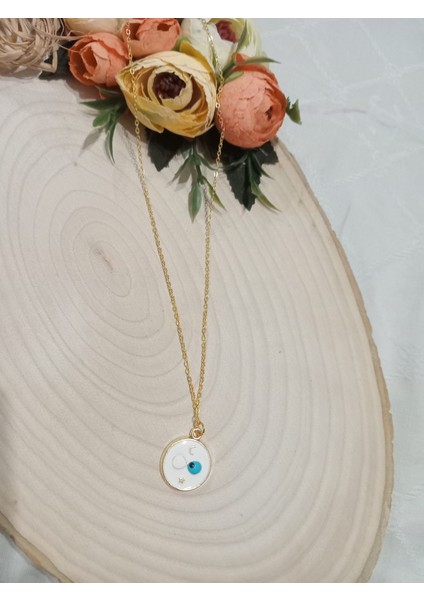 Beyaz Nazarboncuğu Uçlu Şık Çelik Kolye