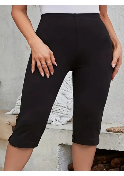 Kadın Yüksek Bel Yanlardan Düğmeli Kısa Ithal Krep Pantolon