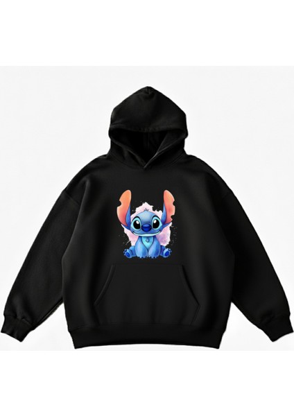 Makiteks Siyah Pamuklu Unisex Cepli Kapüşonlu Rahat Kesim Sevimli Canavar Baskılı Sweatshirt