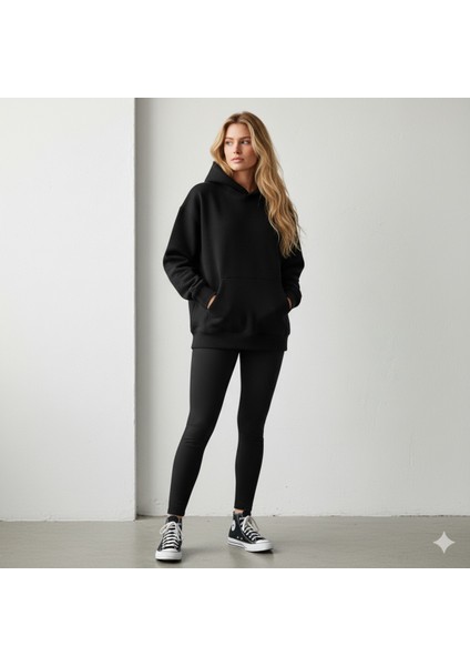 Makiteks Siyah Pamuklu Unisex Cepli Kapüşonlu Rahat Kesim Sevimli Canavar Baskılı Sweatshirt modelleri