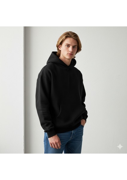 Makiteks Siyah Pamuklu Unisex Cepli Kapüşonlu Rahat Kesim Sevimli Canavar Baskılı Sweatshirt fırsatları