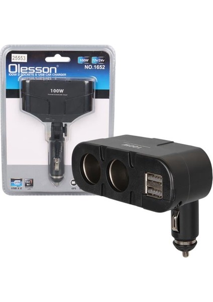 Olesson 1652 12-24V Çift USB Girişli 100W 2'li Araç Çakmak Çoklayıcı
