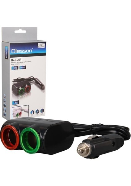 Olesson 1631 12-24V Tek USB Girişli 120W 80CM Kablolu 2'lı Araç Çakmak Çoklayıcı