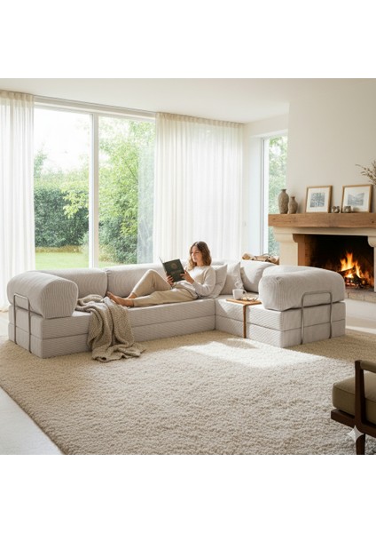 300X200 Teddy Serisi Köşe Kapali| Uzanma Modüler Koltuk | Yıkanabilir Corduroy Kumaş | Çok Fonksiyonlu Yer Yatağıyeny Fitilli