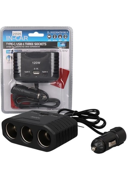Olesson 2012 12-24V Çift Type-C - Tek USB Girişli 120W 80CM Kablolu 3'lü Araç Çakmak Çoklayıcı