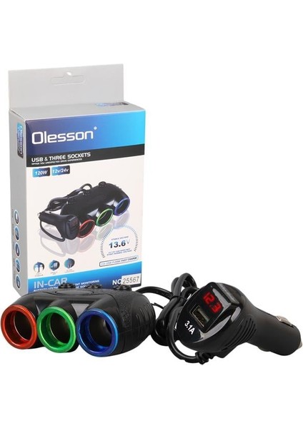 Olesson 1633 12-24V 3lü Usbli 120W 80CM Kablolu Dijital Ekranlı Araç Çakmak Çoklayıcı