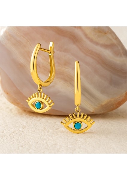 14 Ayar Altın Turkuaz Taşlı Sallantı Küpe