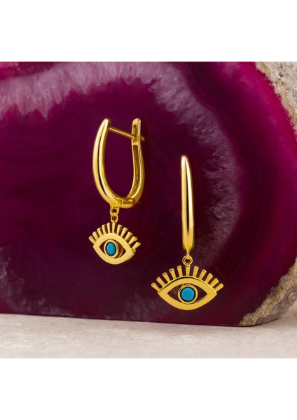 14 Ayar Altın Turkuaz Taşlı Sallantı Küpe modelleri