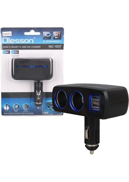 Olesson 1637 12-24V Çift USB Girişli 120W 2'li Araç Çakmak Çoklayıcı