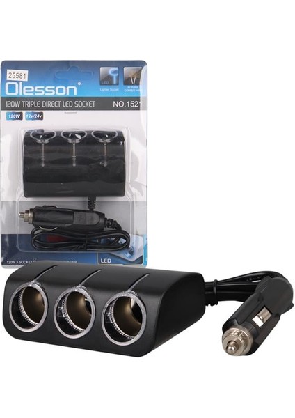 Olesson 1521 12-24V 120W 80 cm Kablolu 3'lü Araç Çakmak Çoklayıcı