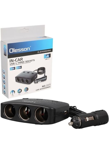 Olesson 1636 12-24V Çift USB Girişli 100W 70 cm Kablolu 3'lü Araç Çakmak Çoklayıcı