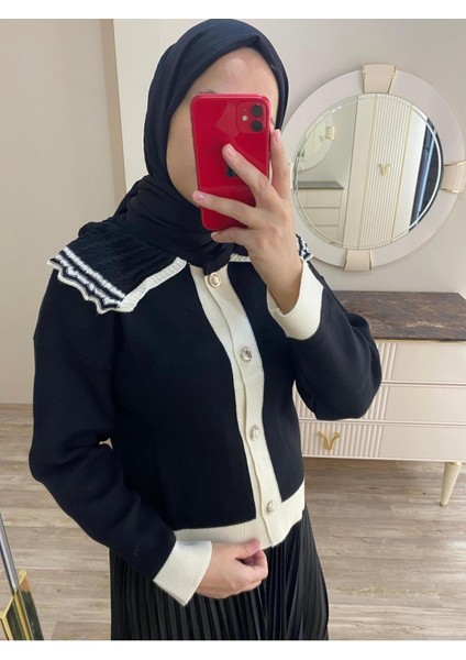 Kadın Vintage Yaka Düğmeli Etek Üstü Triko Hırka - Siyah fiyatları