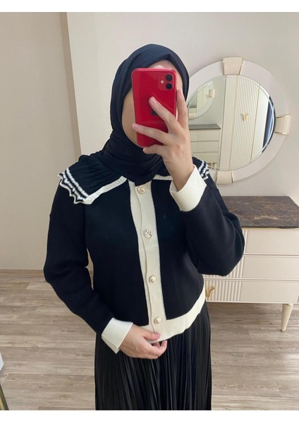 Kadın Vintage Yaka Düğmeli Etek Üstü Triko Hırka - Siyah modelleri