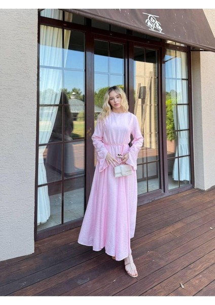 Kadın Parçalı Belden Bağlamalı Elbise M9988 - Pembe