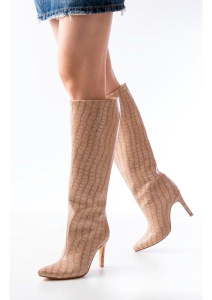 ZER-İN-2004 Premium Sivri Burun Ince Topuklu Nut Kroko Çizme