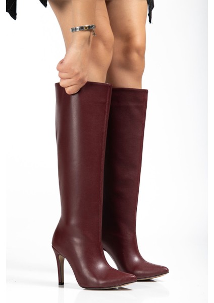 ZER-İN-2004 Premium Sivri Burun Ince Topuklu Bordo Çizme modelleri