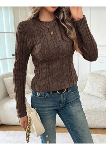 Bisiklet Yaka Saç Örgü Desen Kadın Triko Kazak