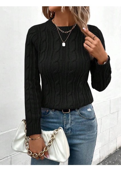 Bisiklet Yaka Saç Örgü Desen Kadın Triko Kazak modelleri