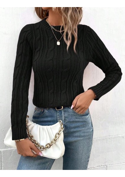 Bisiklet Yaka Saç Örgü Desen Kadın Triko Kazak