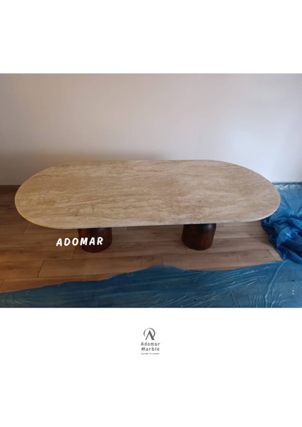 240X110 Traverten Yemek Masası, Ahşap Kum Saati Yemek Masası, Gerçek Traverten, Özel Ölçü