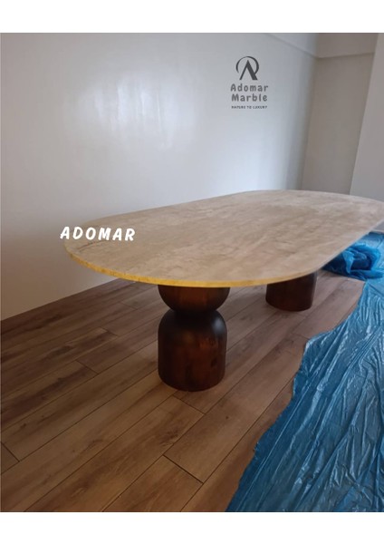 240X110 Traverten Yemek Masası, Ahşap Kum Saati Yemek Masası, Gerçek Traverten, Özel Ölçü fırsatları